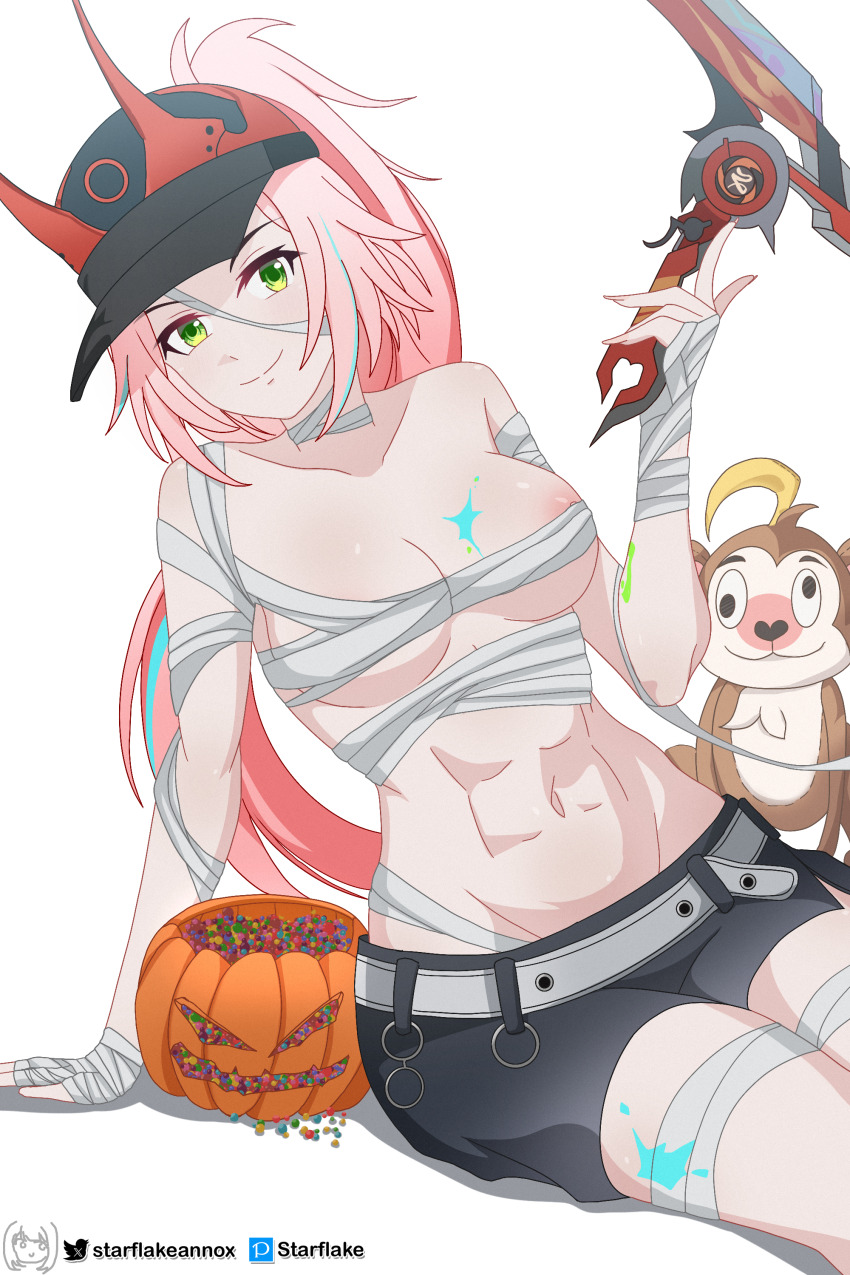 1girl absurdres areola_slip bandaged_arm bandaged_chest bandaged_head bandaged_leg bandaged_neck bandages baseball_cap black_shorts breasts candy commentary english_commentary food green_eyes halloween halloween_bucket hat highres holding holding_weapon honkai:_star_rail honkai_(series) horned_hat large_breasts long_hair looking_at_viewer monkey navel nipple_slip nipples paint_on_body pink_hair pixiv_username ponytail rappa_(honkai:_star_rail) short_shorts shorts simple_background solo starflake_(starclusteriu) stomach toned toned_female twitter_username weapon white_background