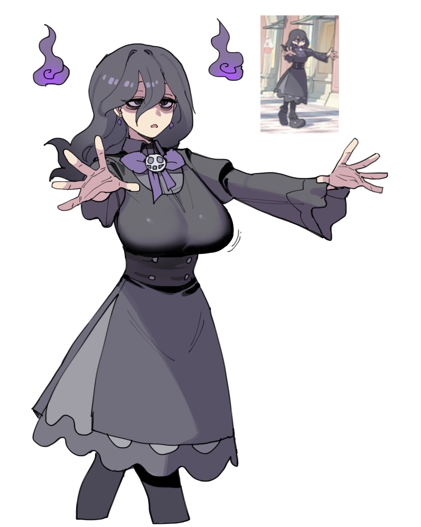 1girl absurdres alternate_breast_size bags_under_eyes breasts dress hair_between_eyes hex_maniac_(pokemon) hex_maniac_(pokemon_legends:_z-a) highres long_hair looking_at_viewer nintendo official_art_inset open_mouth pantyhose photo_inset pokemon pokemon_legends:_z-a ratatatat74 reference_inset simple_background white_background
