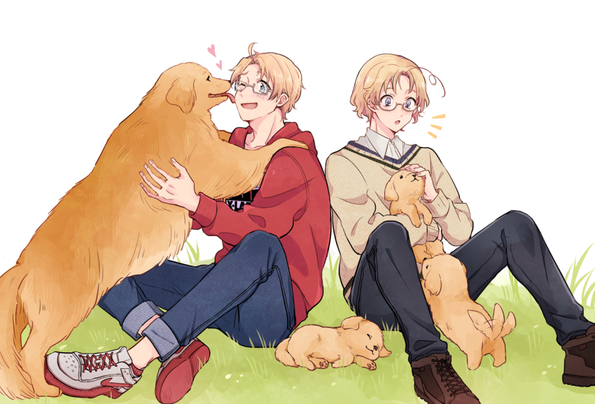 2boys ahoge america_(hetalia) animal animal_ears animal_nose axis_powers_hetalia black_pants blonde_hair blue_eyes blue_pants blush brown-framed_eyewear brown_shoes canada_(hetalia) clothes_writing collared_shirt commentary_request denim dog dog_ears dog_tail fingernails glasses grass grey-framed_eyewear hand_up heart hood hoodie licking licking_another&#039;s_face long_sleeves looking_at_animal multiple_boys nbsr notice_lines one_eye_closed open_mouth pants petting puffy_long_sleeves puffy_sleeves puppy purple_eyes red_hoodie semi-rimless_eyewear shirt shoes short_hair simple_background sitting smile sneakers sweater tail tongue tongue_out white_background white_shirt white_sneakers yellow_dog yellow_fur yellow_sweater