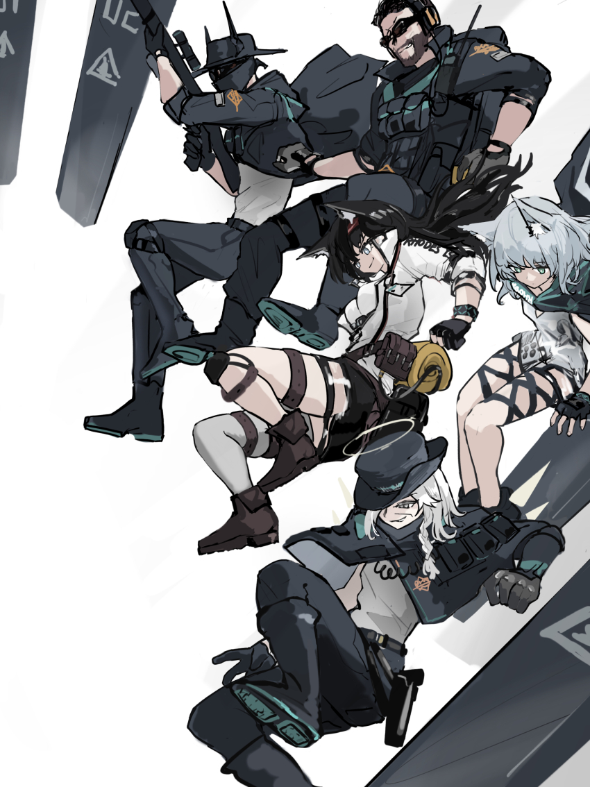 2boys 3girls absurdres ace_(arknights) arknights bandana bandana_over_mouth beard black_hair blaze_(arknights) expressionless facial_hair falling fedora halo hat highres horns horns_through_headwear long_sleeves multiple_boys multiple_girls old old_woman outcast_(arknights) pants partially_open_jacket rosmontis_(arknights) scout_(arknights) simple_background smile sunglasses thigh_strap whate=3r white_hair