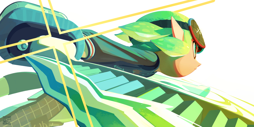 1girl absurdres analogous_colors aqua_eyes arm_at_side artist_logo closed_mouth decavitator_(splatoon) dutch_angle eyewear_on_head feet_out_of_frame foreshortening green_hair grey_jacket highres holding holding_weapon jacket letterman_jacket logo long_sleeves looking_ahead medium_hair nintendo odonkikun pants plaid_clothes plaid_pants pointy_ears profile serious sidelocks simple_background splatoon_(series) splatoon_3 weapon white_background wind