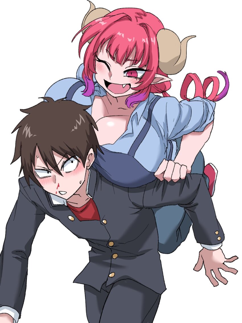 1boy 1girl aida_taketo apron aroused_nosebleed black_pants blood blush breasts brown_hair cleavage collared_shirt dragon_horns drill_hair fang hair_between_eyes hair_intakes highres horns huge_breasts ilulu_(maidragon) kobayashi-san_chi_no_maidragon multicolored_hair nasu_(ilo_a5) nosebleed one_eye_closed open_mouth pants pink_eyes pink_hair pointy_ears purple_hair red_shirt school_uniform shirt sweat