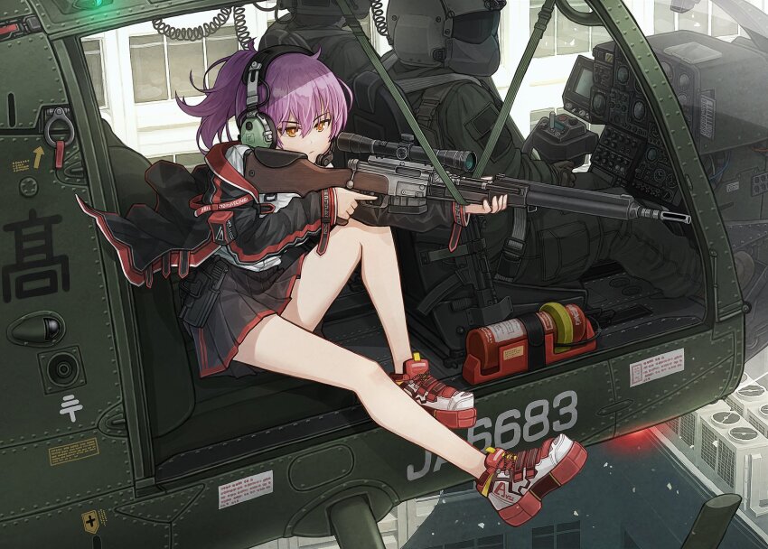 1girl 2boys aircraft black_jacket black_skirt bolt_action closed_mouth gun headset helicopter highres holding holding_gun holding_weapon jacket knee_up knife knife_sheath knife_sheath legs mifune_(_mifune_707) miniskirt multiple_boys orange_hair original pink_hair ponytail rifle serious sheath shirt shoes skirt sneakers sniper_rifle thighs weapon white_shirt