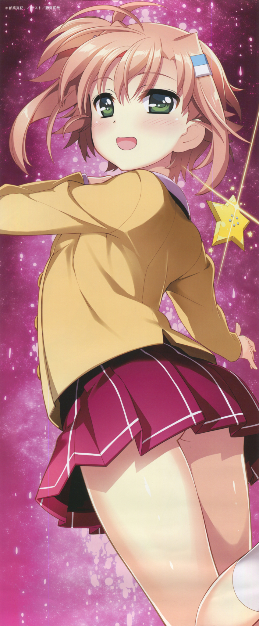 1girl :d absurdres arm_up blush brown_hair feet_out_of_frame female_focus finger_gun foreshortening from_behind fujima_takuya green_eyes highres huge_filesize kneehighs light_particles long_sleeves looking_at_viewer looking_back lyrical_nanoha mahou_shoujo_lyrical_nanoha_vivid messy_hair miniskirt miura_rinaldi navel official_art open_mouth outstretched_arm pink_skirt pleated_skirt scan school_uniform shiny_skin shirt short_hair skirt smile socks solo standing star_(symbol) tareme thighs white_socks yellow_shirt