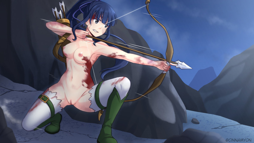 1girl aiming armpits arrow_(projectile) blood blood_on_breasts blood_on_clothes blood_on_face blue_hair blunt_bangs boots boulder bow_(weapon) breasts bruise cinnamyon cloud commission commissioner_upload drawing_bow female_focus grey_eyes hime_cut holding holding_bow_(weapon) holding_weapon injury knee_up long_hair medium_breasts motion_lines mountain night nipples nude on_one_knee original ponytail pussy quiver sidelocks solo squatting stormwyrm taking_cover thighhighs uncensored weapon