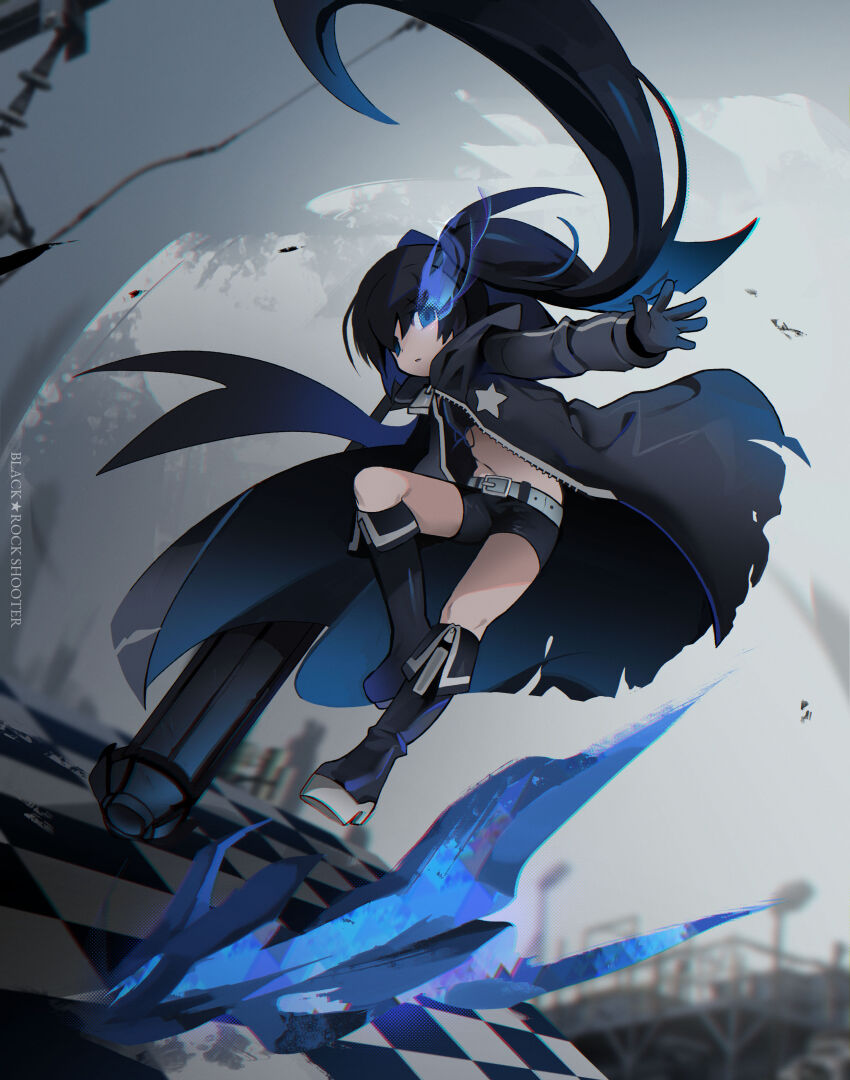 1girl absurdres belt black_boots black_hair black_jacket black_rock_shooter black_rock_shooter_(character) black_shorts blue_eyes boots flaming_eye highres jacket long_hair midriff morizo_(morizoshop) navel shorts solo twintails very_long_hair zipper zipper_pull_tab