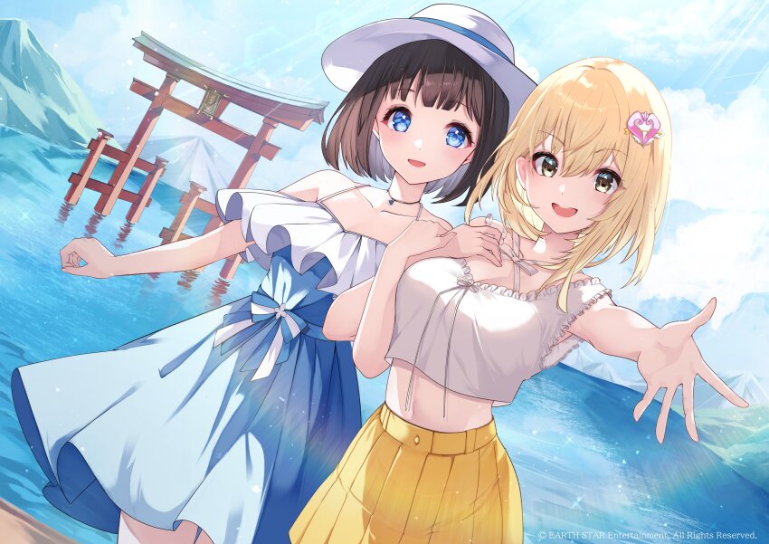 2girls :d absurdres blonde_hair blue_eyes blue_sky bob_cut brown_hair cropped_vest dress dutch_angle eyeshadow grabbing_another&#039;s_arm hagiwara_himawari hair_ornament halter_dress halterneck hat heart heart_hair_ornament highres jewelry lake makeup mashiro_kiyomi medium_hair midriff mountain multiple_girls navel necklace official_art open_mouth outstretched_arm outstretched_hand red_eyeshadow risumi_(taka-fallcherryblossom) skirt sky smile standing torii utahime_dream vest yellow_eyes yellow_skirt