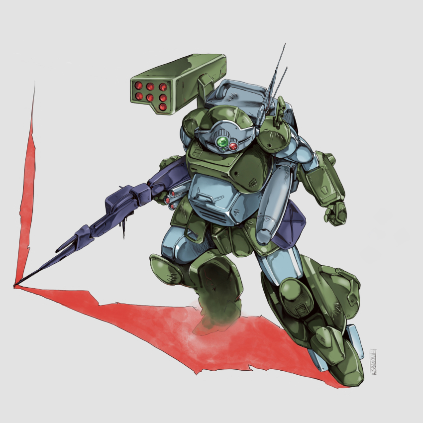 clenched_hand commentary english_commentary gun highres hinomars19 holding holding_gun holding_weapon looking_ahead looking_down mecha missile_pod no_humans radio_antenna robot science_fiction scopedog solo soukou_kihei_votoms weapon