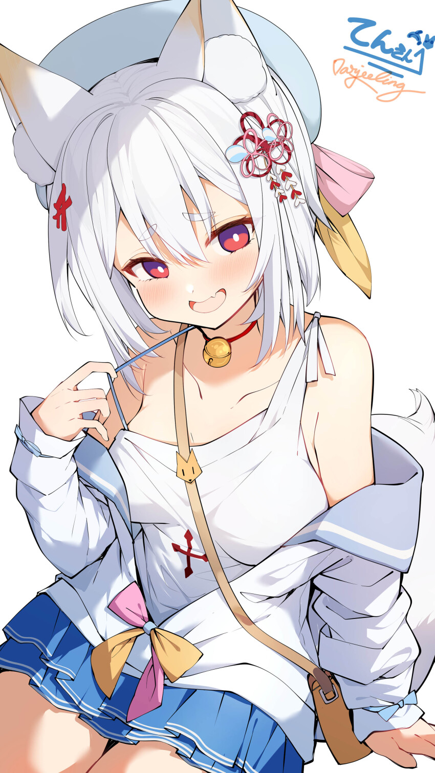 1girl absurdres animal_ear_fluff animal_ears bag bare_shoulders bell beret blue_hat blue_skirt blush bow breasts clothes_pull collarbone commission commissioner_name darjeeling_(reley) fang hair_bow hat highres large_breasts long_sleeves looking_at_viewer neck_bell open_mouth pink_bow pulling_own_clothes red_eyes second-party_source shirt shoulder_bag signature simple_background sitting skeb_commission skin_fang skirt sleeves_past_wrists solo vrchat white_background white_shirt