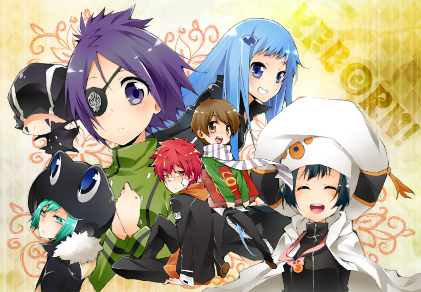 animal_hat blue_hair bluebell chrome_dokuro closed_mouth commentary_request danemaru eyepatch fran_(reborn) frog_hat graphite_(medium) green_eyes green_hair hat katekyo_hitman_reborn! long_hair looking_at_viewer mammon_(reborn) multiple_boys multiple_girls purple_eyes purple_hair school_uniform short_hair smile traditional_media uni_(reborn)