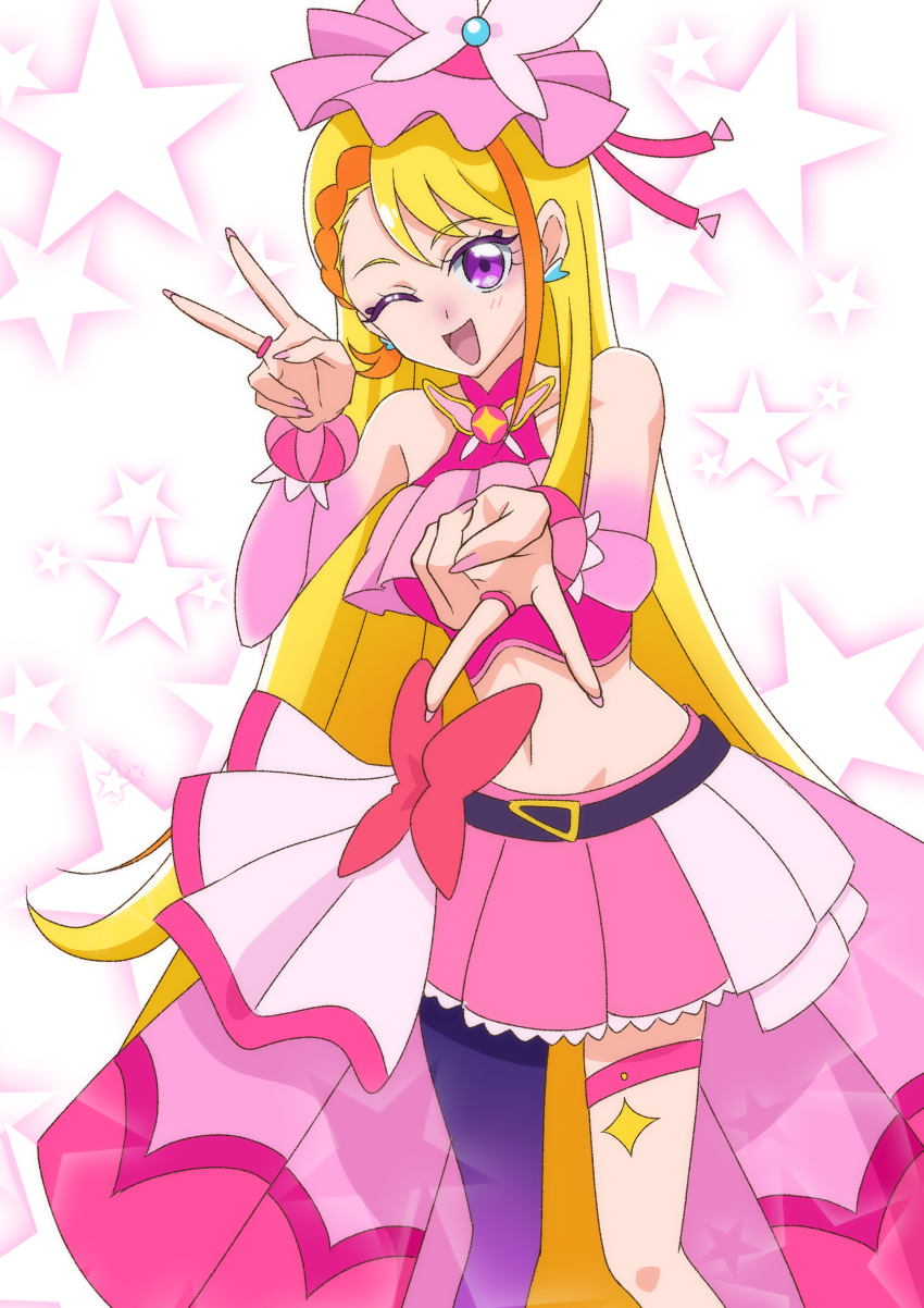 1girl absurdres belt black_belt blonde_hair bow bow_skirt braid braided_bangs bridal_gauntlets brooch butterfly_hat_ornament cowboy_shot cropped_shirt cure_butterfly double_v earrings elbow_gloves frilled_shirt frills gloves hat hat_ornament highres hijiri_ageha hirogaru_sky!_precure jewelry long_hair looking_at_viewer magical_girl microskirt midriff mob_cap multicolored_hair nail_polish navel one_eye_closed open_mouth orange_hair pantyhose pink_gloves pink_hat pink_shirt pleated_skirt precure purple_eyes purple_pantyhose red_bow saiba_(moonlight) shirt showgirl_skirt single_leg_pantyhose skirt sleeveless sleeveless_shirt smile solo standing star_(symbol) thigh_strap tilted_headwear two-tone_hair v very_long_hair wing_brooch