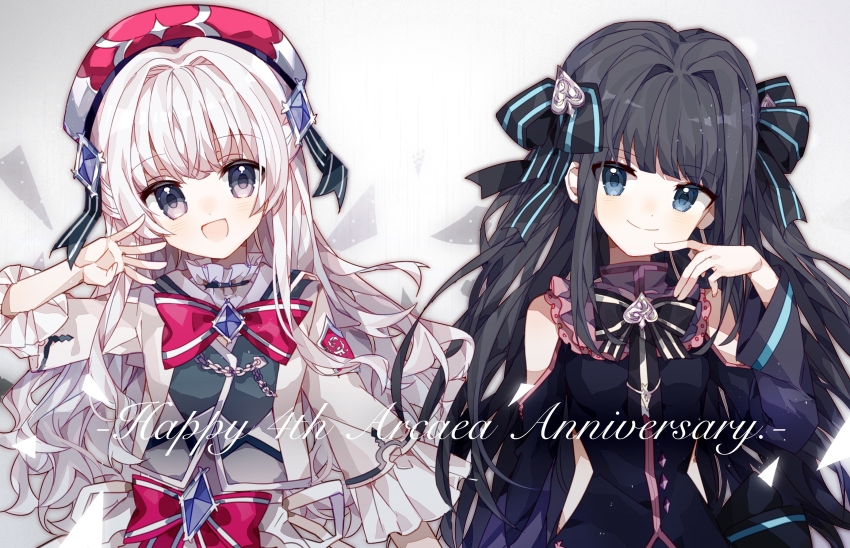 2girls :d anniversary arcaea bare_shoulders black_bow black_bowtie black_hair black_ribbon black_shirt blue_eyes blue_gemstone blush bow bowtie breasts chinese_commentary closed_mouth clothing_cutout commentary_request frilled_sleeves frills gem green_eyes grey_background hair_ribbon hat highres hikari_(arcaea) jacket light_blush long_hair long_sleeves looking_at_viewer medium_breasts multiple_girls number_four_(asl) open_mouth red_bow red_bowtie red_hat ribbon shio_0585 shirt shoulder_cutout smile tairitsu_(arcaea) three-quarter_sleeves upper_body white_hair white_jacket
