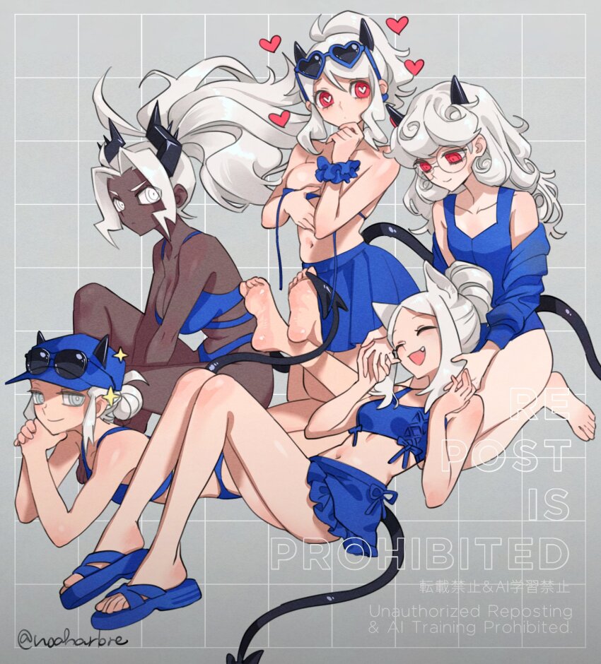 5girls :d ^_^ absurdres bikini black_horns blue_bikini blue_hat blue_one-piece_swimsuit blue_skirt breasts cerberus_(helltaker) closed_eyes closed_mouth dark-skinned_female dark_skin demon_girl demon_horns eyewear_on_head eyewear_on_headwear glasses grey_background grey_eyes hat heart heart-shaped_eyewear heart-shaped_pupils helltaker highres horns judgement_(helltaker) justice_(helltaker) large_breasts long_hair looking_at_viewer lying modeus_(helltaker) multiple_girls noah_(tettsui-sole) on_stomach one-piece_swimsuit open_mouth pandemonica_(helltaker) red_eyes round_eyewear sitting skirt smile sunglasses swimsuit symbol-shaped_pupils white_eyes white_hair