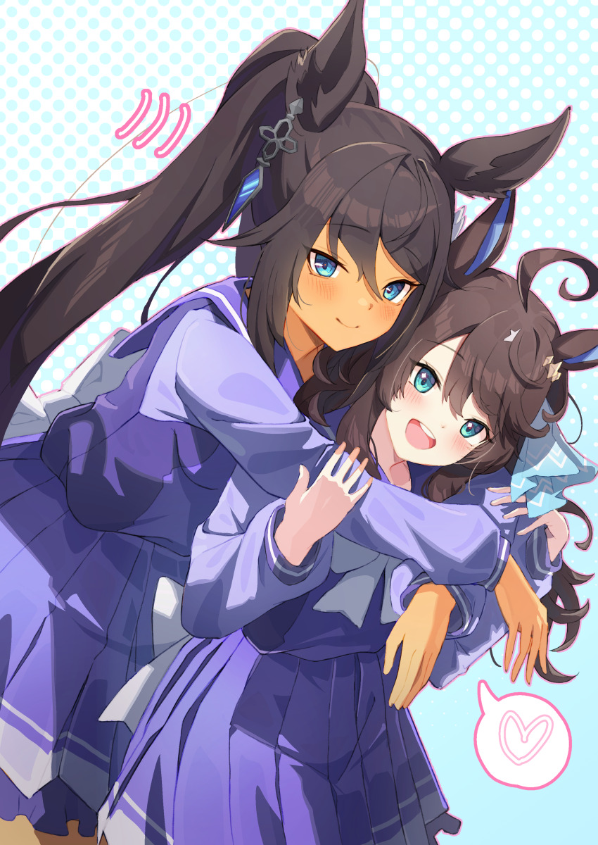 2girls absurdres ahoge animal_ears black_hair blue_eyes daring_tact_(umamusume) dark-skinned_female dark_skin hair_between_eyes hair_ornament heart highres horse_ears horse_tail hug long_hair long_sleeves looking_at_viewer medium_hair multiple_girls open_mouth ponytail school_uniform simple_background smile spoken_heart symboli_kris_s_(umamusume) tail tracen_school_uniform tsujiya_okuyasu umamusume white_background