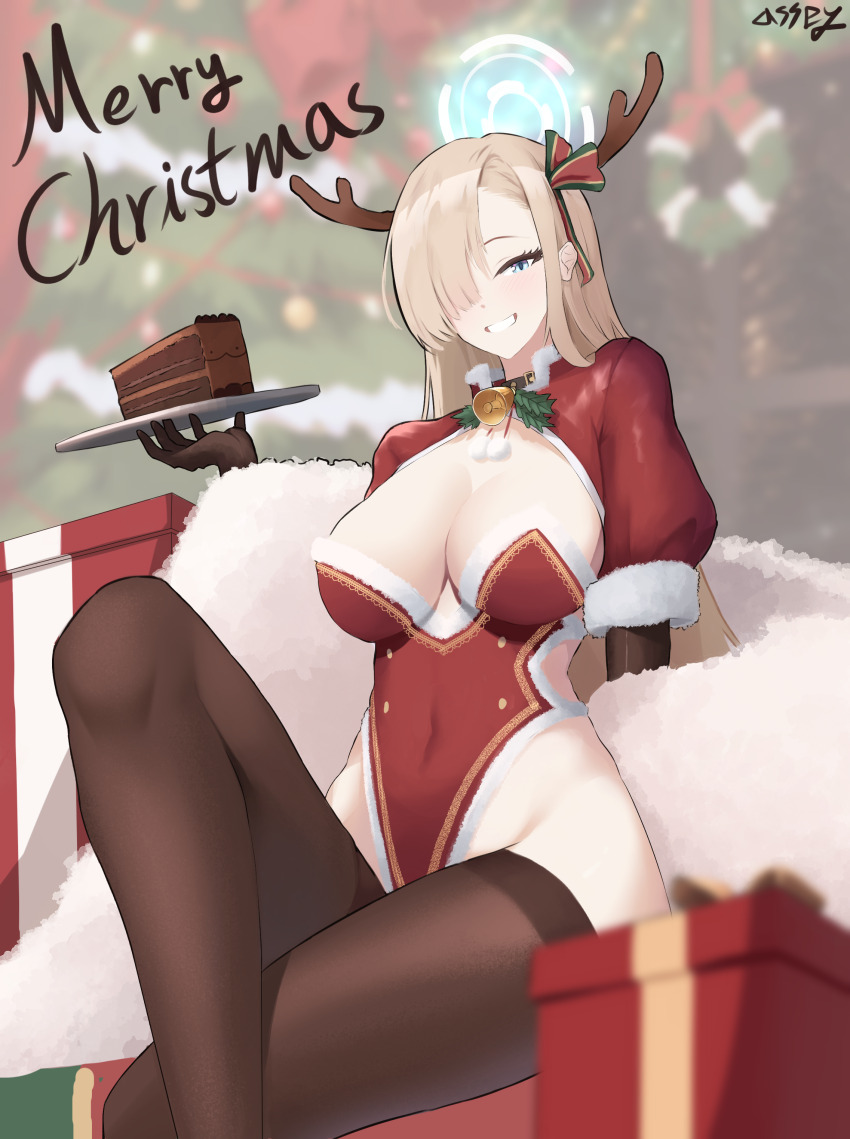 1girl absurdres antlers asuna_(blue_archive) bell black_gloves black_thighhighs blonde_hair blue_archive blue_eyes blush box breasts cake cake_slice cleavage commentary crossed_legs duce_(user_dspv8825) english_commentary food gift gift_box gloves grin hair_over_one_eye halo highres horns leotard looking_at_viewer neck_bell playboy_bunny reindeer_antlers shrug_(clothing) sitting smile solo thighhighs