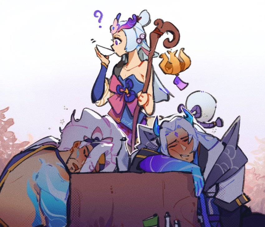 2boys animal_ears artist_name blue_skin blush bottle closed_eyes collarbone colored_skin cup drooling drunk flat_chest gambler_carrd grey_background grey_hair highres holding holding_cup holding_staff horns horse_ears horse_girl league_of_legends lillia_(league_of_legends) long_hair multicolored_hair multiple_boys open_mouth simple_background single_bare_shoulder sleeping spirit_blossom_lillia spirit_blossom_yasuo spirit_blossom_yone squeans staff teeth yasuo_(league_of_legends) yone_(league_of_legends)