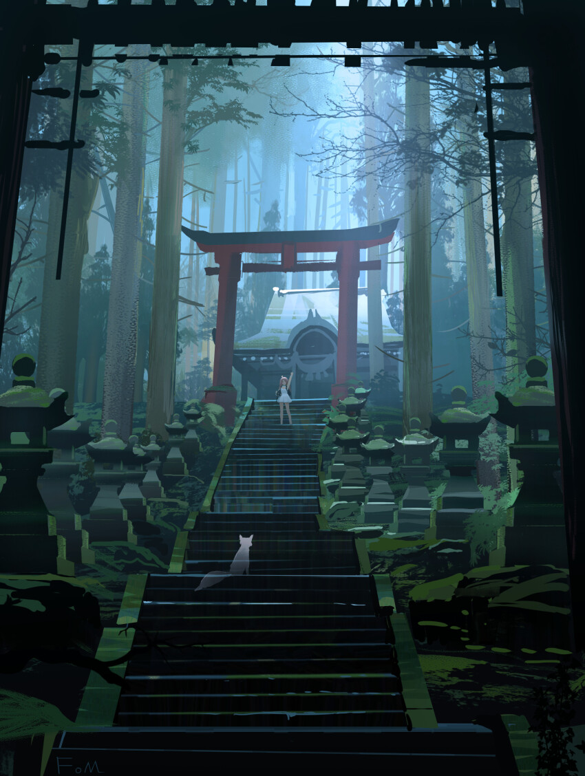 1girl absurdres ahoge arm_up backpack bag dark dress fom_(lifotai) forest fox highres long_hair nature original outdoors scenery shrine signature solo stairs stone_lantern sunlight torii transparent_animal tree white_dress