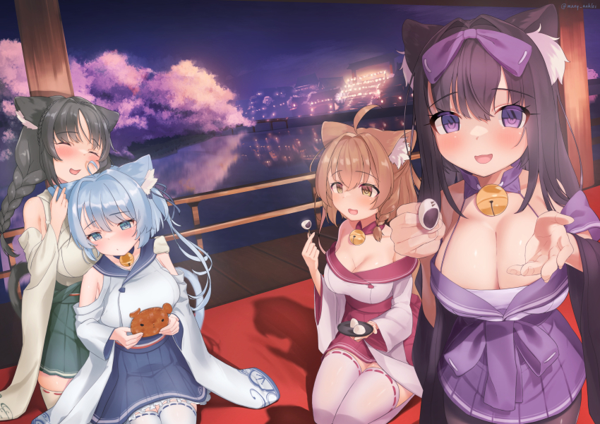 4girls absurdres ahoge animal_ear_fluff animal_ears arashio_(azur_lane) asashio_(azur_lane) azur_lane bell black_hair black_pantyhose blue_eyes blue_hair blue_skirt blush breasts cat_ears cat_girl cleavage green_skirt hair_intakes highres japanese_clothes jingle_bell kurubushi_no_katamari large_breasts looking_at_viewer medium_breasts michishio_(azur_lane) multiple_girls neck_bell ooshio_(azur_lane) open_mouth orange_hair outdoors pantyhose purple_eyes purple_skirt red_skirt sitting skirt thighhighs white_thighhighs wide_sleeves
