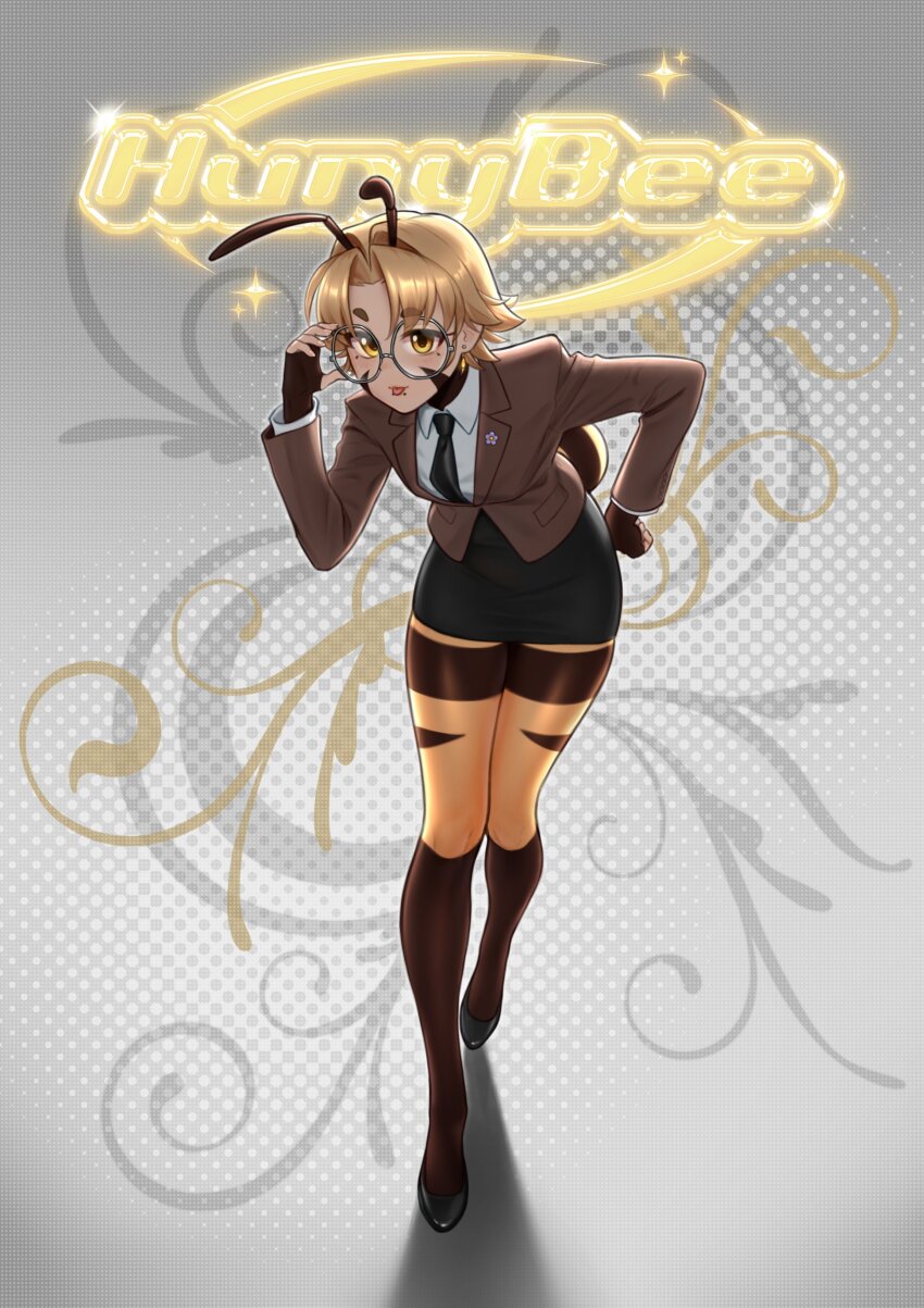 1girl absurdres adjusting_eyewear arthropod_girl bee_girl black_necktie black_shoes black_skirt blonde_hair breasts brown_eyes brown_suit closed_mouth earrings face_piercing formal_clothes full_body glasses grey-framed_eyewear hand_on_own_hip high_heels highres hunybee insect_girl jewelry long_sleeves medium_breasts mouth_piercing necktie original pencil_skirt piercing round_eyewear shiny_skin shoes short_hair skirt solo suit thick_thighs thighs tongue tongue_out