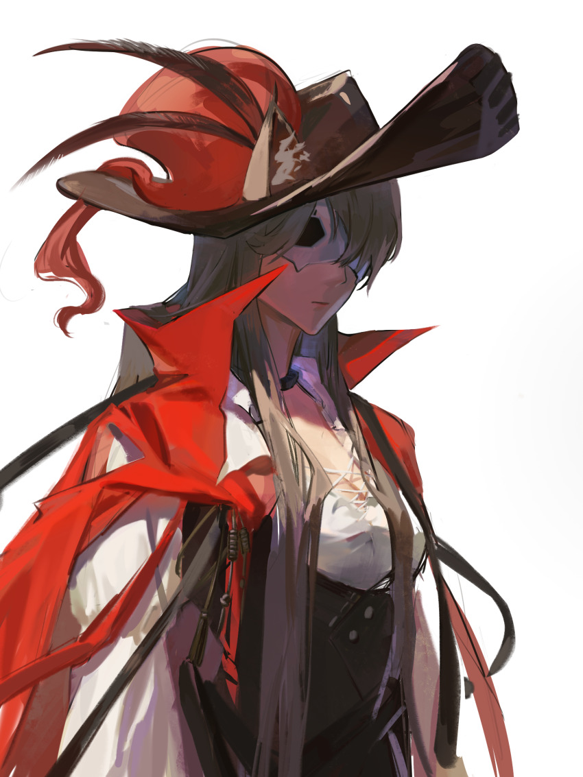 1girl 504_(sansan65008) animal_ears arknights black_hat black_skirt breasts cape cat_ears cat_girl cleavage closed_mouth covered_eyes ears_through_headwear expressionless eye_mask genderswap genderswap_(mtf) hat hat_feather high-waist_skirt highres infection_monitor_(arknights) light_brown_hair long_hair long_sleeves mask official_alternate_costume phantom_(arknights) phantom_(focus)_(arknights) red_cape shirt simple_background skirt solo upper_body very_long_hair white_background white_shirt