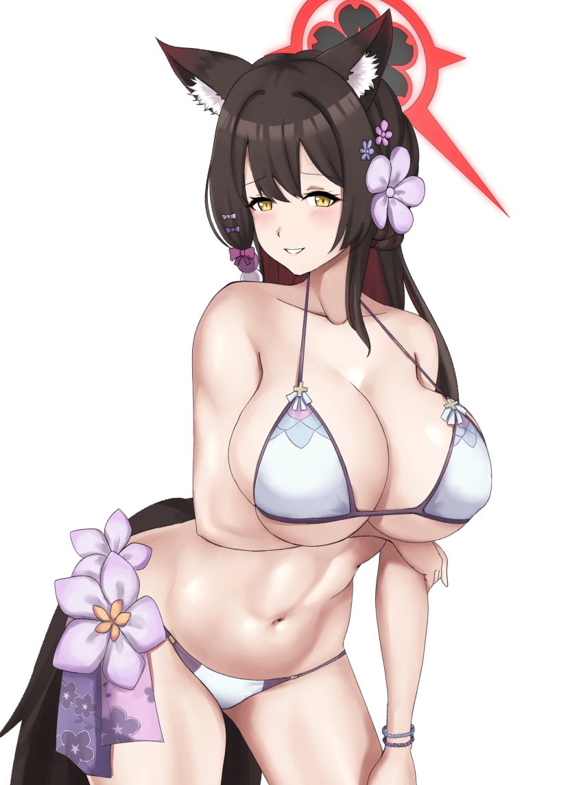 1girl absurdres animal_ear_fluff animal_ears arm_under_breasts bare_arms bare_shoulders bead_bracelet beads bikini black_halo blue_archive blush bow bracelet breasts cleavage collarbone colored_inner_hair commentary cowboy_shot cyka floral_print flower fox_ears fox_girl fox_tail grin hair_bow hair_flower hair_ornament halo halterneck hand_on_own_elbow hand_on_own_thigh hand_up highres huge_breasts jewelry leaning_forward long_hair looking_at_viewer multicolored_bikini multicolored_hair multicolored_halo navel official_alternate_costume paid_reward_available parted_lips print_ribbon purple_bikini purple_bow purple_flower purple_ribbon raised_eyebrows red_hair red_halo ribbon simple_background smile solo standing stomach strap_gap swimsuit tail two-tone_bikini two-tone_hair two-tone_halo underboob wakamo_(blue_archive) wakamo_(swimsuit)_(blue_archive) white_background white_bikini yellow_eyes