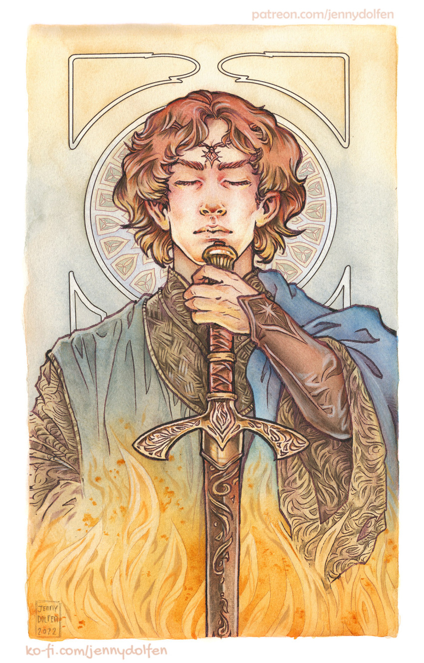1boy abstract_background art_nouveau blue_tunic border bracer brown_shirt circlet closed_eyes elf fire highres holding holding_sword holding_weapon jenny_dolfen layered_sleeves maedhros male_focus painting_(medium) pale_background pointy_ears red_hair shirt sword the_silmarillion tolkien&#039;s_legendarium traditional_media tunic watercolor_(medium) watercolor_pencil_(medium) weapon white_border wide_sleeves
