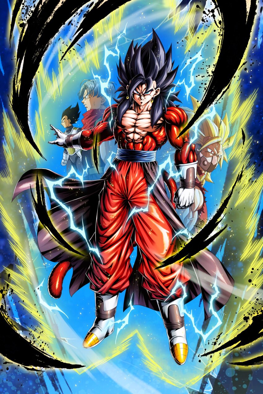 aura black_hair blue_eyes blue_sash body_fur boyerjorys closed_mouth cumber dragon_ball dragon_ball_heroes dragon_ball_legends earrings gloves highres jewelry long_hair looking_at_viewer male_focus monkey_boy monkey_tail multiple_boys muscular muscular_male no_nipples pants pectorals potara_earrings red_fur saiyan sash smirk spiked_hair super_saiyan super_saiyan_4 tail time_patrol_(dragon_ball) trunks_(dragon_ball) trunks_(future)_(dragon_ball) vegeta vegetto vegetto_(xeno)