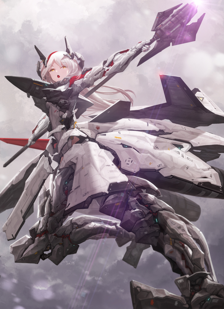 1girl ace_combat ace_combat_zero adfx-02_morgan airborne_laser aircraft airplane cannon chestnut_mouth cloud cloudy_sky commentary_request directed-energy_weapon dual_persona energy energy_beam energy_blade energy_cannon energy_sword energy_weapon female_focus fighter_jet glowing glowing_weapon grey_sky grey_theme half-closed_eyes headgear highres holding holding_behind_back holding_polearm holding_polearm_behind_back holding_weapon holding_weapon_behind_back laser laser_cannon laser_weapon lens_flare light_rays long_hair looking_at_viewer mecha_musume military military_vehicle outdoors outstretched_arms personification pink_laser polearm prototype_design science_fiction sky solo sunbeam sunlight sword t-pose tactical_laser_system tom-neko_(zamudo_akiyuki) weapon white_hair yellow_eyes zoisite_(ace_combat)