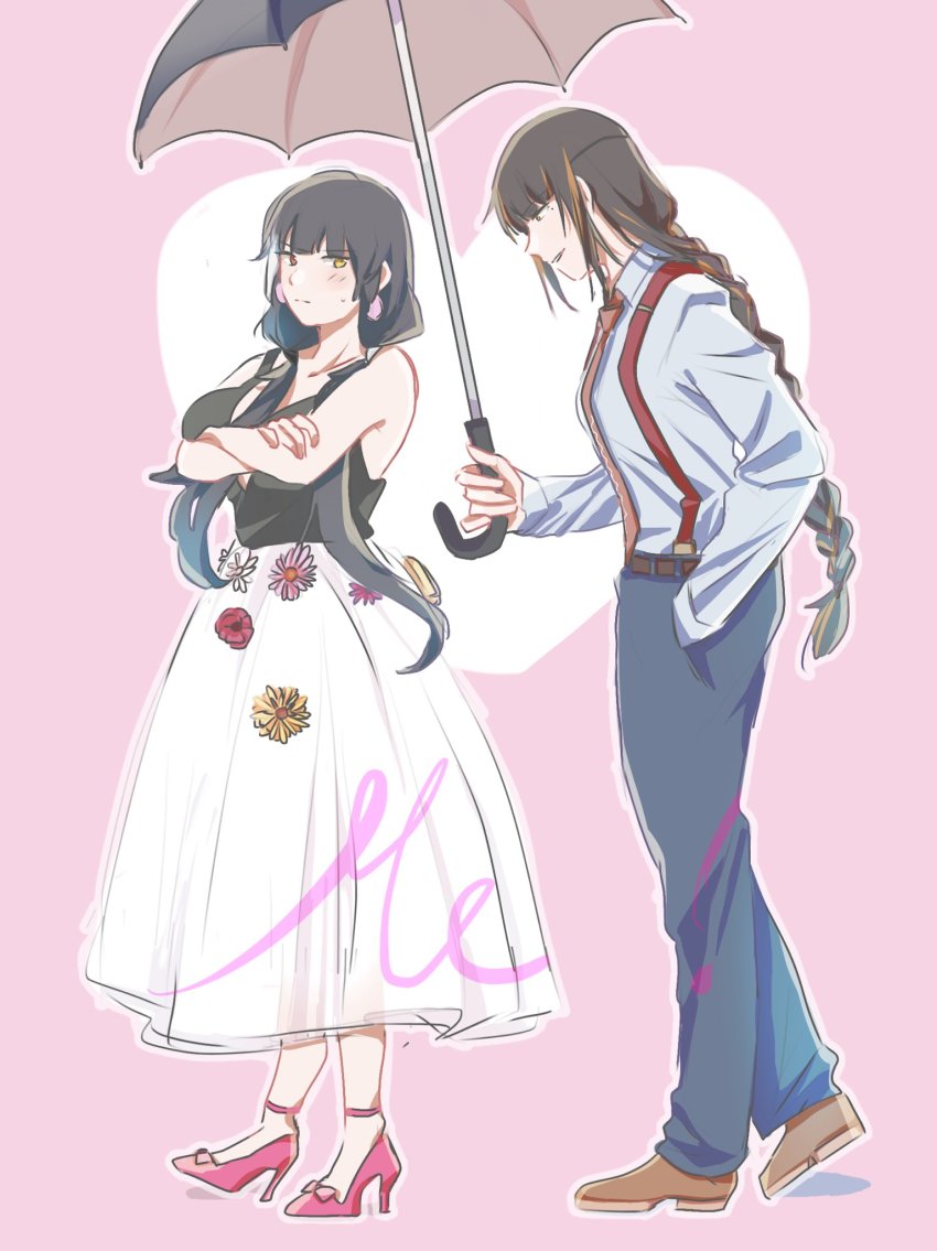 2girls alternate_costume audible_music black_hair blush breasts brown_hair commentary crossed_arms dress earrings english_commentary girls&#039;_frontline high_heels highres jewelry long_braid long_hair m16a1_(girls&#039;_frontline) multiple_girls music_video nail_polish necktie pants parody ro635_(girls&#039;_frontline) shake_(hungrycurry55) shoes skirt suspenders tank_top taylor_swift twintails umbrella white_skirt yuri