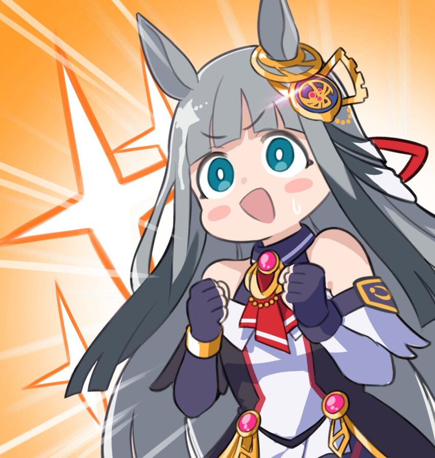 1girl animal_ears blunt_bangs blush blush_stickers breasts chrono_genesis_(umamusume) clenched_hands commentary_request grey_hair hair_ornament highres horse_ears horse_girl looking_at_viewer open_mouth simple_background small_breasts solo sweatdrop umamusume yokoji_(kodai2015)