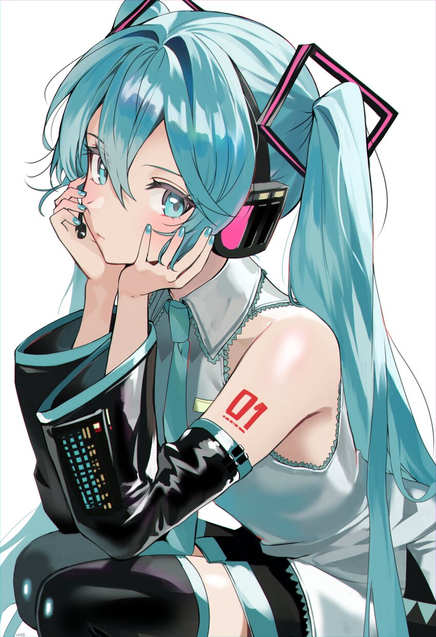 1girl absurdres aqua_eyes aqua_hair aqua_necktie black_skirt black_sleeves black_thighhighs detached_sleeves grey_shirt hair_between_eyes hatsune_miku haze_(ohw8g) headphones headset highres long_hair looking_at_viewer necktie shirt shoulder_tattoo simple_background skirt sleeveless sleeveless_shirt solo squatting tattoo thighhighs thighs twintails vocaloid white_background zettai_ryouiki