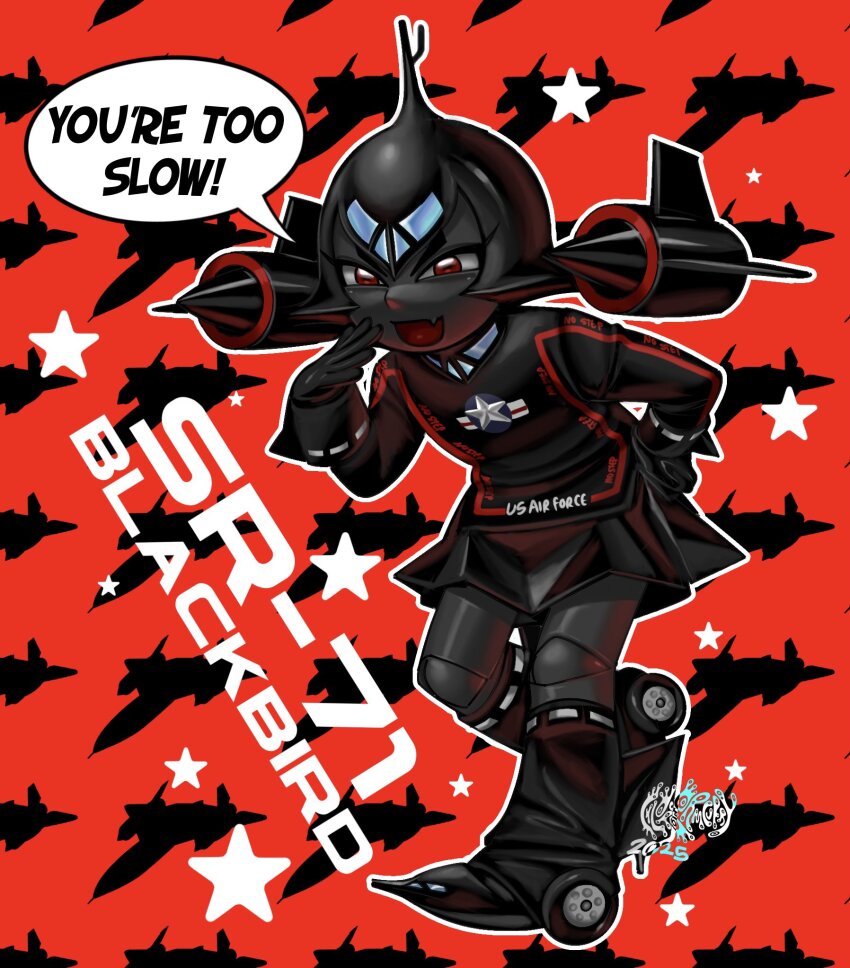 1girl aircraft airplane android chloroformcurry colored_skin grey_skin highres leg_warmers personification red_eyes robot smug sr-71_blackbird vehicle_and_personification