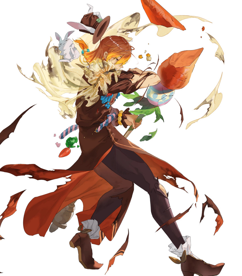 1boy animal_ears broken broken_weapon brown_eyes circlet fake_animal_ears fire_emblem fire_emblem_echoes:_shadows_of_valentia fire_emblem_heroes full_body hat hat_loss hat_with_ears highres holding holding_polearm holding_weapon long_hair low-tied_long_hair luthier_(fire_emblem) luthier_(spring)_(fire_emblem) male_focus mayo_(becky2006) nintendo non-web_source official_art orange_hair pointy_footwear polearm rabbit_ears solo torn_clothes transparent_background weapon