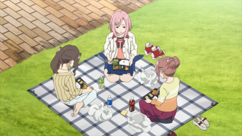 anime_screenshot black_socks eating food grass highres lunchbox non-web_source official_art pavement picnic pink_hair sakura_quest shoes sitting socks spoilers wariza