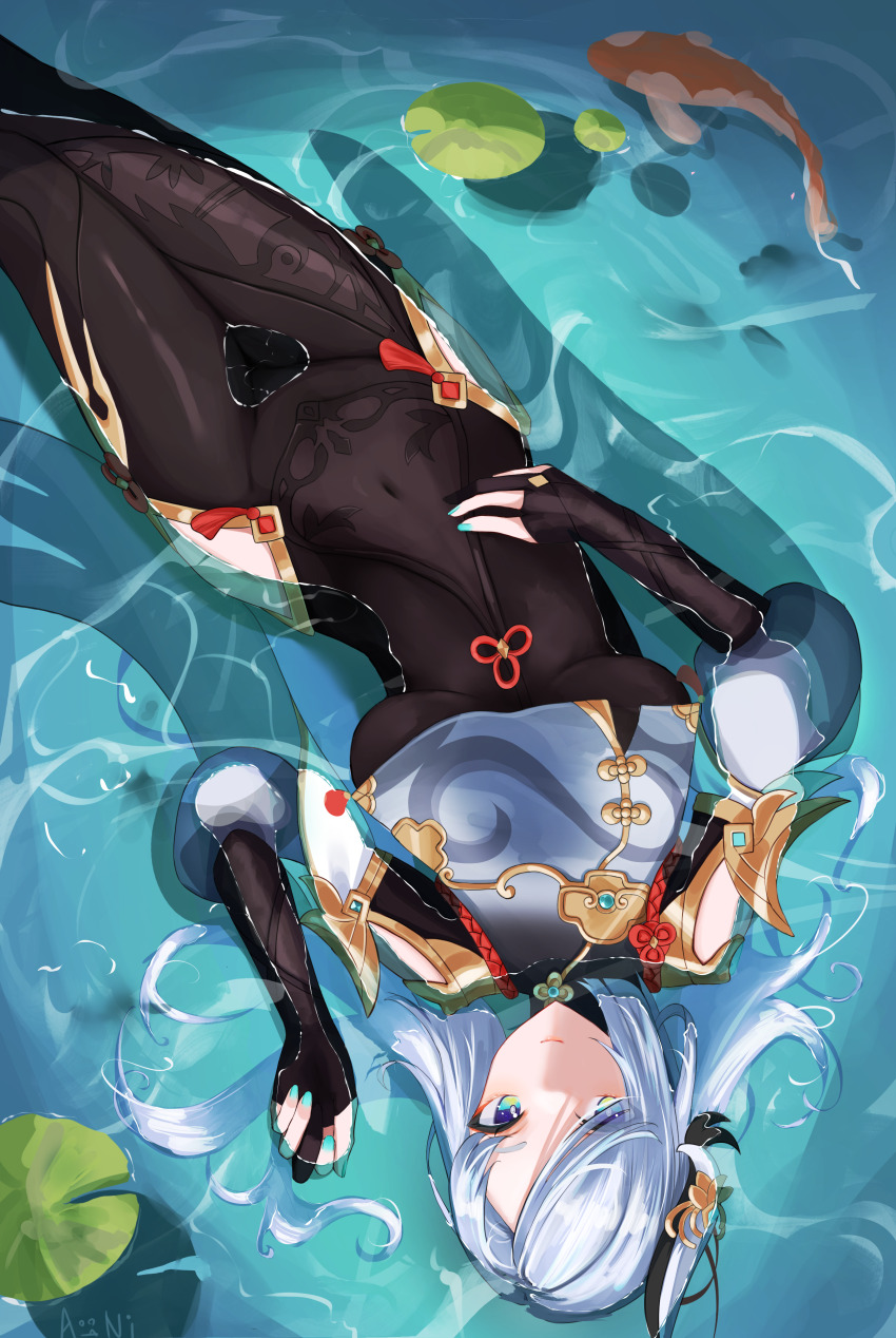1girl absurdres afloat aooni aqua_nails armpits asymmetrical_bangs bare_shoulders black_bodysuit bodysuit bodysuit_under_clothes braid braided_ponytail breast_curtain breasts clenched_hand covered_navel detached_sleeves earrings eyelashes female_focus fingernails fish from_above genshin_impact gloves hair_ornament hair_over_one_eye hand_on_own_stomach hand_up happy highres hip_vent huge_filesize jewelry koi large_breasts legs_together light_smile long_hair looking_at_viewer low-tied_long_hair matching_hair/eyes mihoyo nail_polish neck no_panties partially_fingerless_gloves partially_submerged puffy_sleeves shenhe_(genshin_impact) sidelocks skin_tight tassel tassel_earrings tight_clothes wet wet_clothes wet_hair white_eyes white_hair