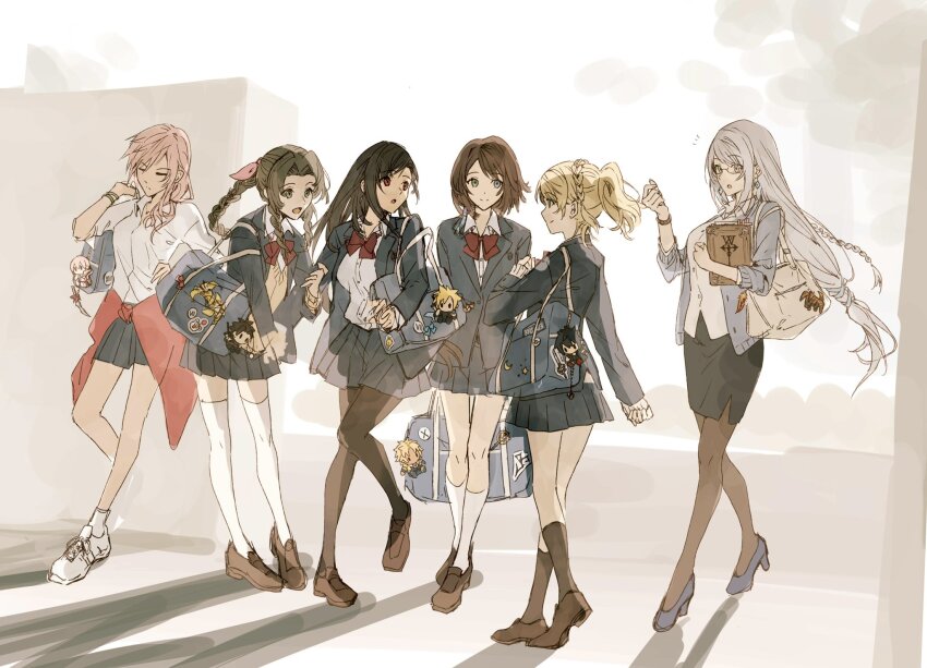 6+girls :o aerith_gainsborough against_wall asina71 bag black_hair black_pantyhose black_skirt blazer blonde_hair blue_bag blue_cardigan blue_eyes blue_jacket blue_skirt book bow bracelet braid braided_ponytail brown_hair brown_pantyhose brown_shoes cardigan character_charm character_doll charm_(object) chocobo closed_eyes clothes_around_waist cloud_strife collared_shirt contemporary crescent_moon doll dolphin final_fantasy final_fantasy_vii final_fantasy_x final_fantasy_xiii final_fantasy_xv final_fantasy_xvi flower full_body glasses green_eyes grey_hair grey_shoes heterochromia highres holding holding_book ifrit_(final_fantasy) in-franchise_crossover jacket jacket_around_waist jewelry jill_warrick leaning lightning_farron loafers long_hair looking_at_another low-tied_long_hair lunafreya_nox_fleuret moogle moon multiple_girls noctis_lucis_caelum pantyhose phoenix_feather pink_bow pink_hair ponytail red_bow red_eyes red_jacket school_bag school_uniform serah_farron shadow shirt shoes short_hair sidelocks skirt smile sneakers standing star_(symbol) sweater_vest swept_bangs teacher teacher_and_student thighhighs tidus tifa_lockhart very_long_hair watch white_shirt white_thighhighs wristwatch yellow_flower yellow_sweater_vest yuna_(ff10) zack_fair