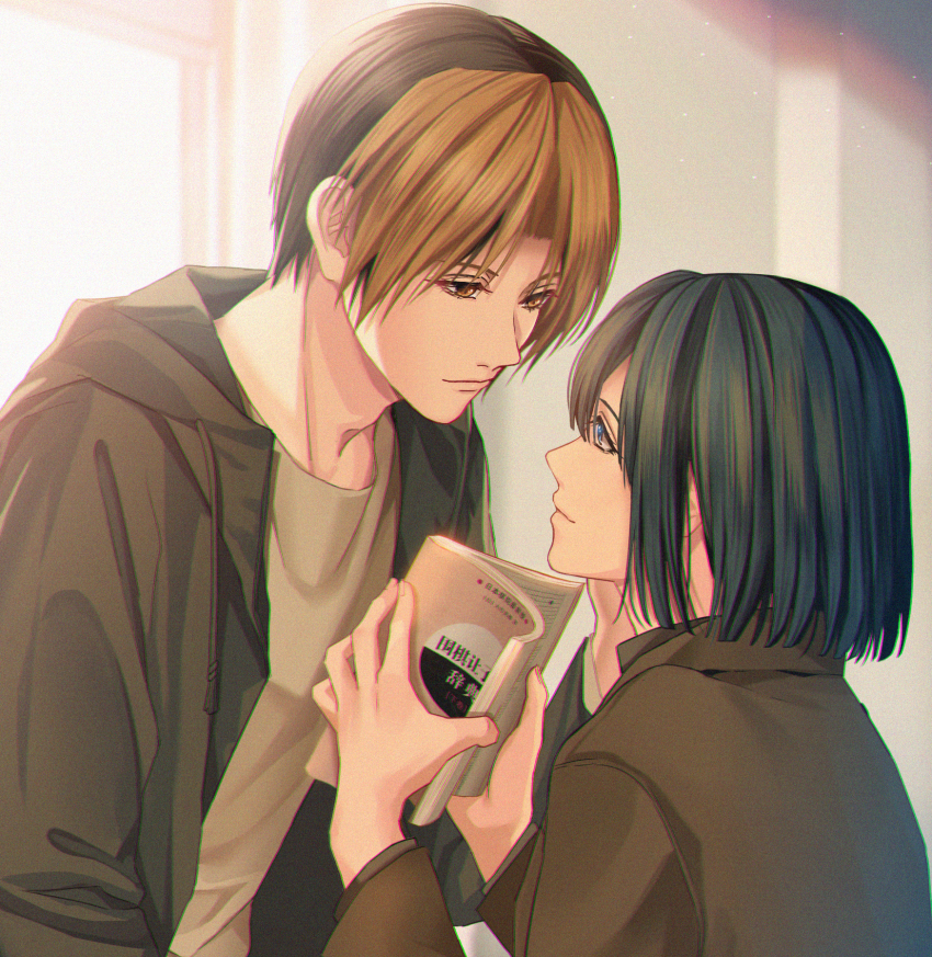 2boys backlighting bishounen black_hair black_jacket bloom blue_eyes bob_cut book brown_eyes brown_hair chromatic_aberration couple evening eye_contact hand_on_another&#039;s_cheek hand_on_another&#039;s_face hand_up hands_up highres hikaru_no_go holding holding_book hood hooded_jacket indoors jacket light_particles light_smile long_sleeves looking_at_another luanma_luanma male_focus multicolored_hair multiple_boys open_book open_clothes open_jacket parted_bangs profile shindou_hikaru shirt short_hair sunlight touya_akira two-tone_hair upper_body window yaoi