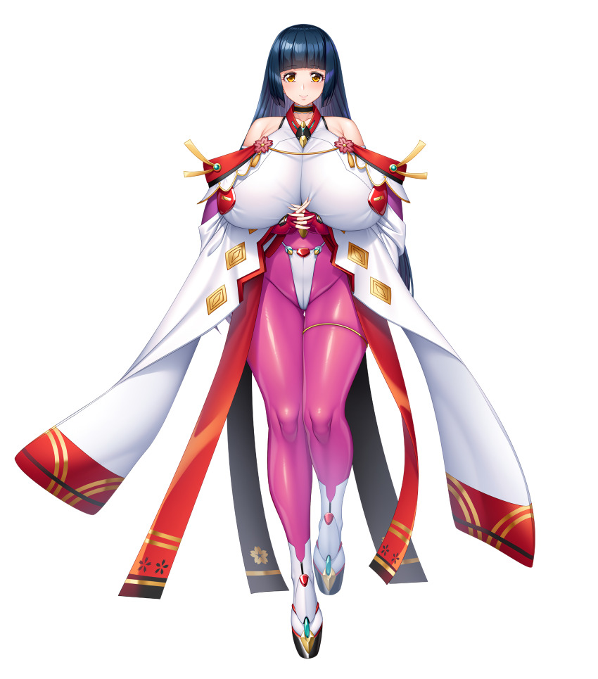 1girl :&gt; absurdres aoi_nagisa_(metalder) bare_legs blue_hair bodysuit breasts brown_eyes female_focus full_body gigantic_breasts highres hime_cut impossible_bodysuit impossible_clothes japanese_clothes lilith-soft long_hair mikami_chizu miko official_art revealing_clothes shiny_skin solo taimanin_(series) taimanin_rpgx taimanin_suit thong very_long_hair wide_hips