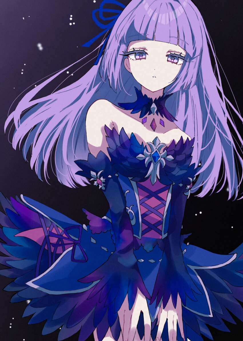 1girl absurdres aikatsu!_(series) bare_shoulders blue_dress blunt_bangs circle_skirt cross-laced_clothes detached_sleeves dress expressionless eyelashes guri_(ak1002s) hair_ribbon hashtag-only_commentary highres hikami_sumire long_hair looking_at_viewer parted_lips purple_eyes purple_hair ribbon simple_background solo