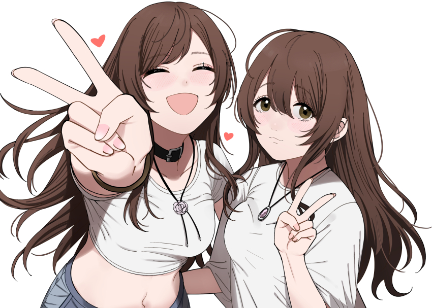 2girls belt belt_collar black_belt blush breasts brown_bracelet brown_eyes brown_hair closed_eyes closed_mouth collar collarbone crop_top cropped_shirt dot_nose flower flower_necklace hair_between_eyes hand_up heart highres idolmaster idolmaster_shiny_colors jewelry long_hair looking_at_viewer maou_(demonlord) medium_breasts midriff multiple_girls nail_polish navel necklace open_mouth osaki_amana osaki_tenka pink_nails reaching reaching_towards_viewer shirt short_sleeves siblings simple_background sisters smile swept_bangs twins upper_body v white_background white_shirt