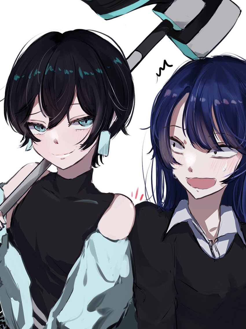 2girls ado_(utaite) aqua_eyes atashi_wa_mondaisaku black_hair black_shirt black_sweater blue_hair blue_jacket blush closed_mouth commentary earrings hair_between_eyes highres holding holding_weapon jacket jewelry long_hair looking_at_viewer multiple_girls off_shoulder open_mouth shirt short_hair shoulder-to-shoulder simple_background sleeveless sleeveless_shirt sweatdrop sweater tanaka_keiko_(ado) tanake_(tanakei_ado) upper_body weapon white_background white_shirt yukue_shirezu_(ado)