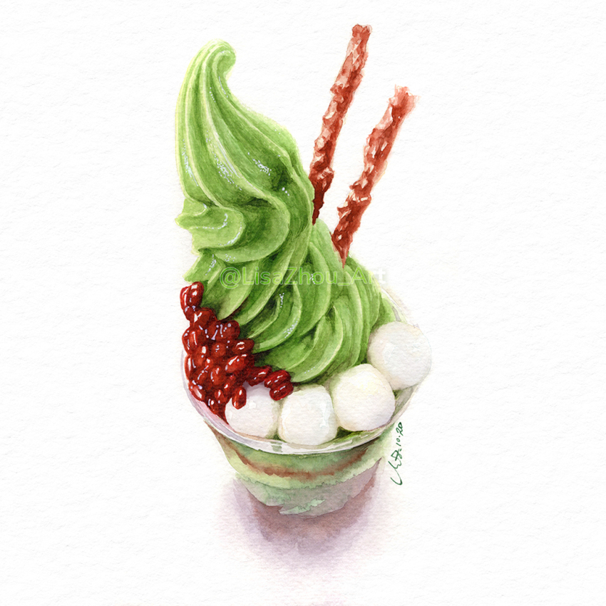 adzuki_bean food food_focus ice_cream lisazhou_art matcha_(food) matcha_parfait no_humans original painting_(medium) simple_background soft_serve still_life traditional_media watercolor_(medium) white_background