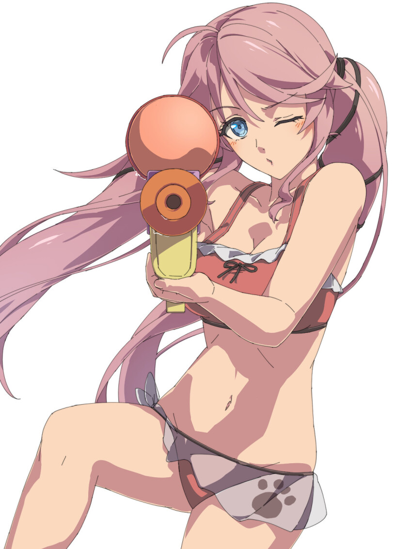1girl ahoge aiming aiming_at_viewer bikini blue_eyes breasts chiharu_(9654784) cleavage eiyuu_densetsu firing floating_hair hair_between_eyes highres holding holding_water_gun kuro_no_kiseki kuro_no_kiseki_(series) kuro_no_kiseki_ii long_hair looking_at_viewer medium_breasts nadia_rayne navel one_eye_closed parted_bangs pink_hair simple_background smile solo swimsuit twintails water_gun white_background