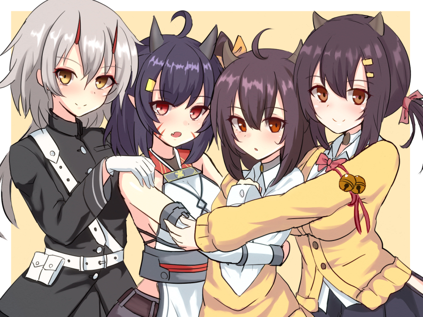 4girls abukuma_(azur_lane) abukuma_(retrofit)_(azur_lane) ahoge azur_lane bare_shoulders bell belt black_hair black_jacket blush bow bowtie breasts brown_eyes brown_shorts cardigan choker closed_mouth collared_shirt commentary_request cowboy_shot detached_sleeves facial_mark fang gloves hair_between_eyes hair_bow hair_ornament hair_ribbon hairclip hand_up hands_on_another&#039;s_shoulders highres horns hug isuzu_(azur_lane) jacket jingle_bell kinu_(azur_lane) large_breasts long_hair long_sleeves looking_at_viewer low_ponytail medium_breasts medium_hair military military_uniform multiple_girls nagara_(azur_lane) off_shoulder oni_horns open_mouth oversized_clothes parted_lips pink_neckwear pink_ribbon pleated_skirt pointy_ears ponytail red_eyes ribbon sayashi_(type5_labyrith) shirt short_hair shorts side_ponytail sidelocks silver_hair skin_fang skirt sleeveless sleeveless_shirt sleeves_past_wrists smile standing twintails underbust white_background white_belt white_choker white_gloves white_shirt white_sleeves yellow_background yellow_bow yellow_cardigan yellow_eyes