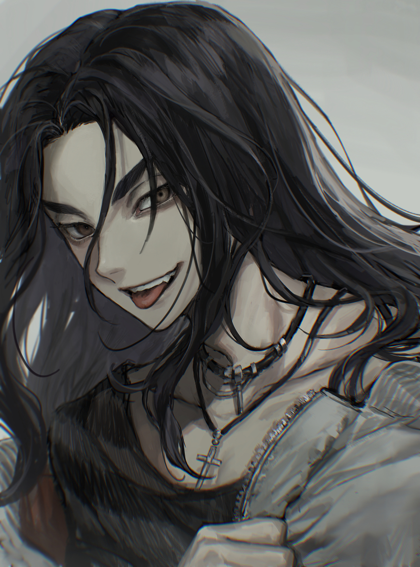 1boy baji_keisuke black_hair black_shirt brown_eyes collarbone cross cross_necklace fang head_tilt highres holding holding_jacket holding_unworn_clothes jacket jewelry jiz_(pffbq) light_smile long_hair looking_at_viewer male_focus necklace parted_lips portrait shirt simple_background solo teeth thick_eyebrows tokyo_revengers tongue tongue_out tsurime unworn_jacket upper_teeth_only white_jacket