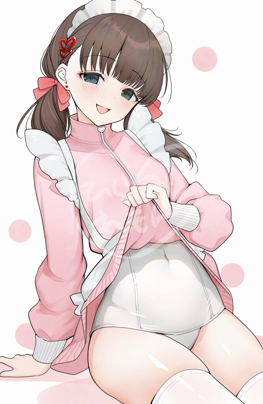 1girl blush breasts brown_hair covered_navel green_eyes hair_ornament heart heart_hair_ornament highres idolmaster idolmaster_cinderella_girls jacket jersey_maid lifting_own_clothes looking_at_viewer maid maid_headdress medium_breasts one-piece_swimsuit open_mouth pink_jacket sakuma_mayu saltylemontea sitting smile solo swimsuit swimsuit_under_clothes thighhighs twintails unconventional_maid white_one-piece_swimsuit white_thighhighs