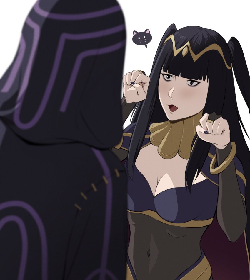 1girl 1other :3 black_hair black_nails bodysuit breasts bridal_gauntlets cape fire_emblem fire_emblem_awakening francisco_mon highres hood hood_up looking_at_another nintendo open_mouth paw_pose robin_(fire_emblem) simple_background spoken_animal tharja_(fire_emblem) tiara twintails
