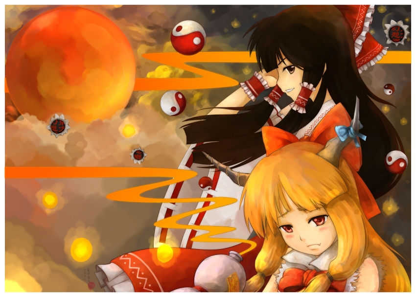 2girls absurdres black_hair bow brown_horns cloud frilled_bow frilled_cuffs frilled_hair_tubes frills from_side gourd hair_bow hair_tubes hakurei_reimu highres horn_bow horn_ornament horn_ribbon horns ibuki_suika looking_at_viewer moon multiple_girls night247 oni orange_hair orange_light orange_moon orange_theme orb red_bow red_eyes red_skirt ribbon ribbon-trimmed_sleeves ribbon_trim skirt torn_clothes torn_sleeves touhou yin_yang yin_yang_orb