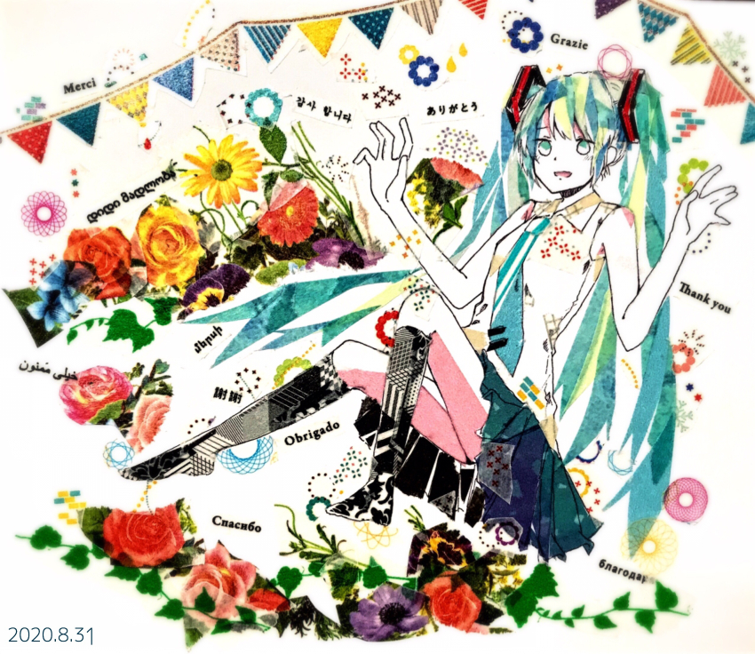 1girl \||/ abstract aqua_eyes aqua_hair aqua_necktie armpit_peek asagi_kino bare_arms bare_shoulders black_socks blonde_hair blonde_streaks blush bunting collared_shirt commentary_request dated dot_nose flower full_body grey_skirt hair_ornament hands_up happy_birthday hatsune_miku highres invisible_chair kneeling leaf long_hair masking_tape_(medium) miniskirt mixed-language_commentary mixed-language_text mixed_media multicolored_hair multilingual_commentary multilingual_text necktie open_mouth plant shirt sidelocks sitting skirt sleeveless sleeveless_shirt smile socks solo streaked_hair thank_you traditional_media twintails unconventional_media very_long_hair vocaloid white_background white_shirt