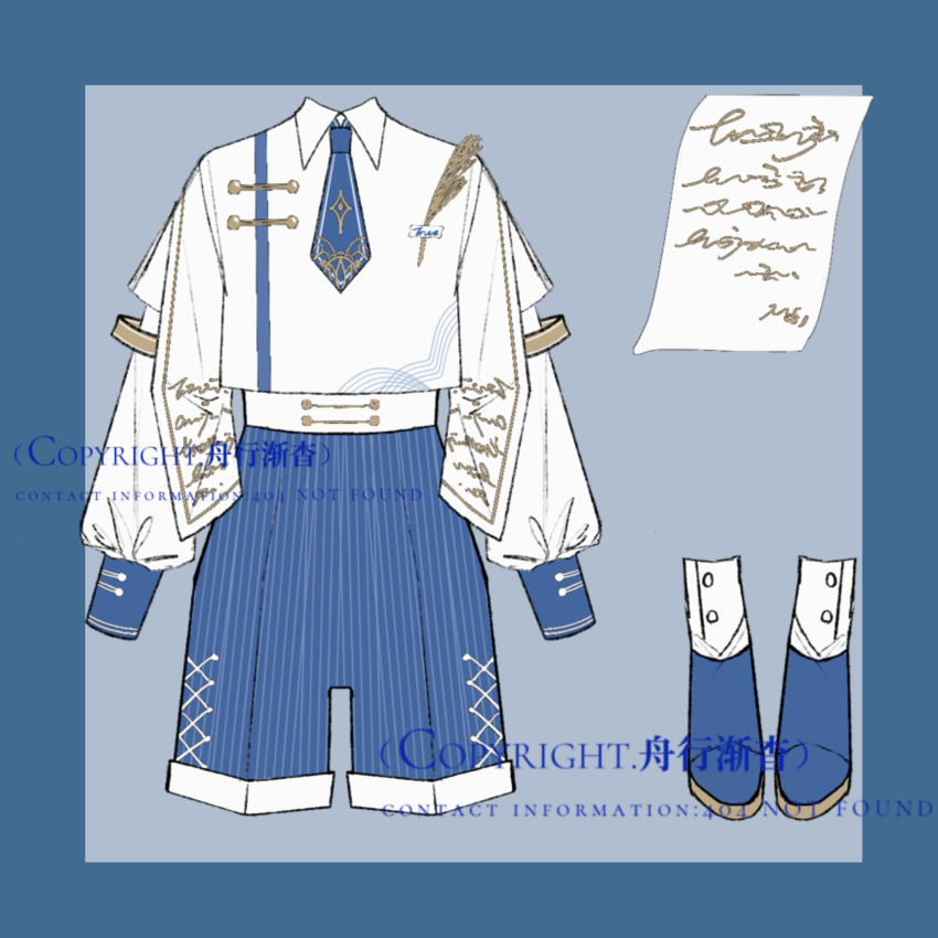 ankle_socks blue_background blue_border blue_footwear blue_necktie blue_shorts boots border buttons chinese_commentary clothes_only collared_shirt commentary_request cross-laced_clothes cross-laced_shorts high-waist_shorts highres long_sleeves necktie no_humans original paper pinstripe_shorts puffy_long_sleeves puffy_sleeves quill sample_watermark shirt shorts simple_background socks watermark white_shirt zhouhang_jianyao
